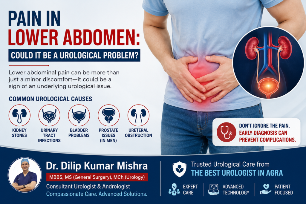 Illustration showing lower abdominal pain with urological causes like kidney stones, urinary tract infections, bladder problems, and prostate issues explained by Dr. Dilip Kumar Mishra, best urologist in Agra