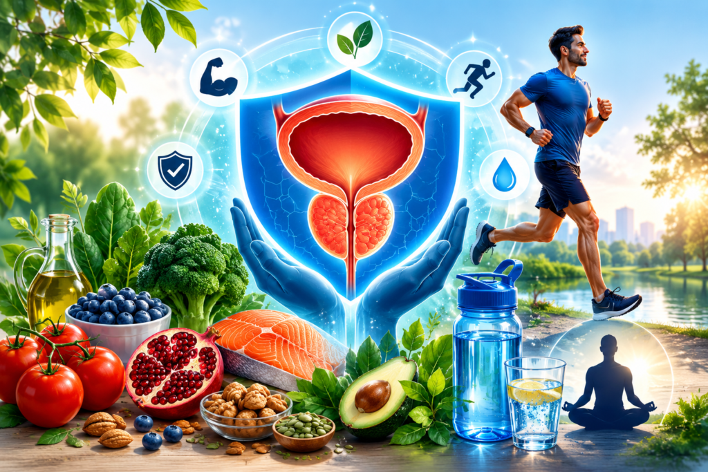 Healthy prostate care concept showing nutritious foods, exercise, hydration, and consultation with Dr. Dilip Kumar Mishra, best urologist in Agra.