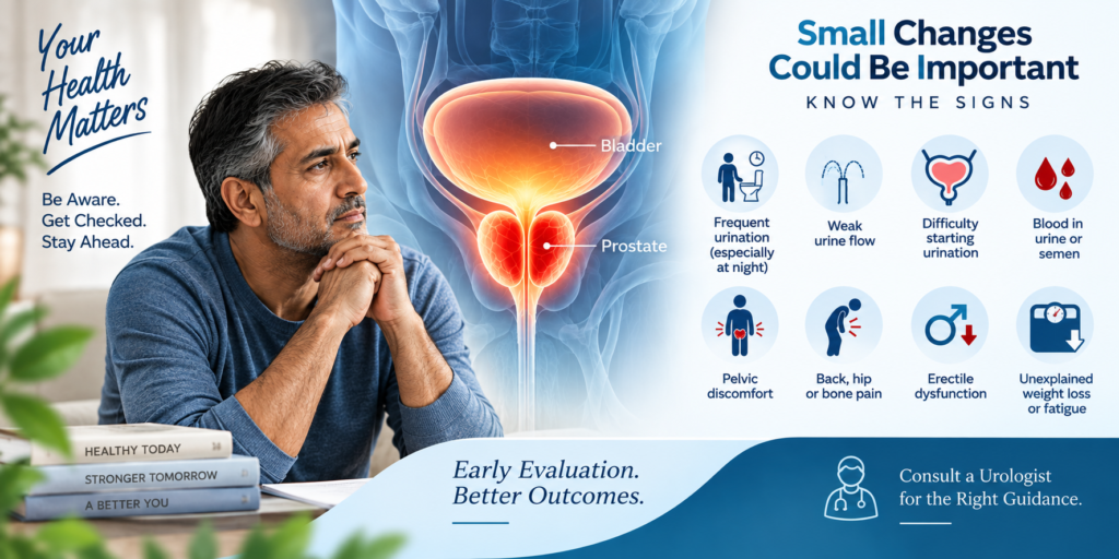 Prostate cancer warning signs including frequent urination weak urine flow blood in urine and pelvic discomfort