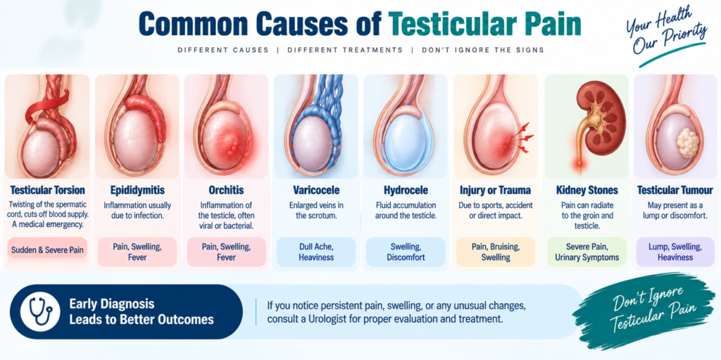 Common causes of testicular pain including torsion, epididymitis, varicocele, hydrocele and kidney stones