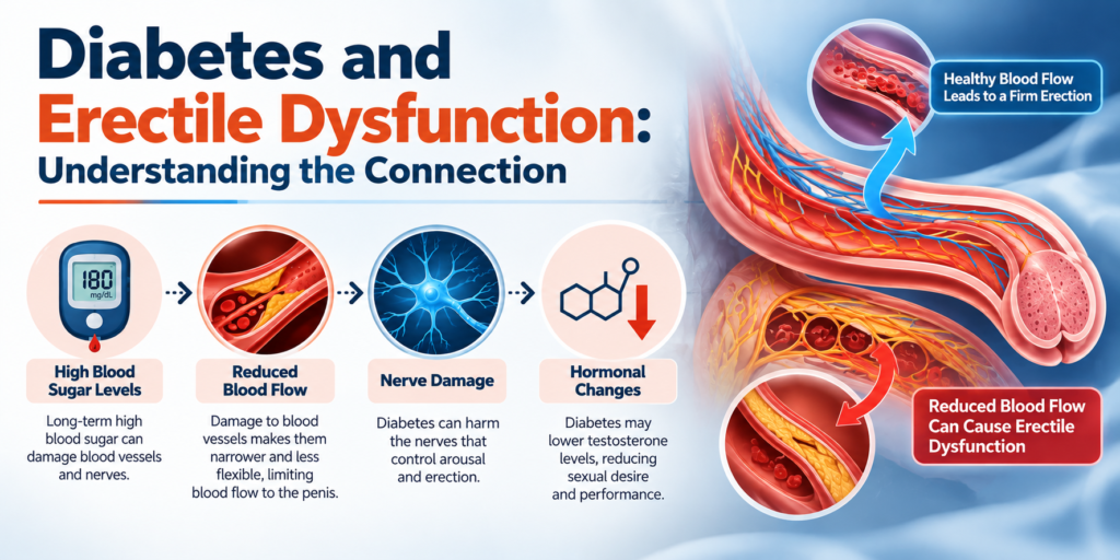 Medical infographic illustrating the connection between diabetes and erectile dysfunction, showing how high blood sugar, reduced blood flow, nerve damage, and hormonal changes can affect erectile function.