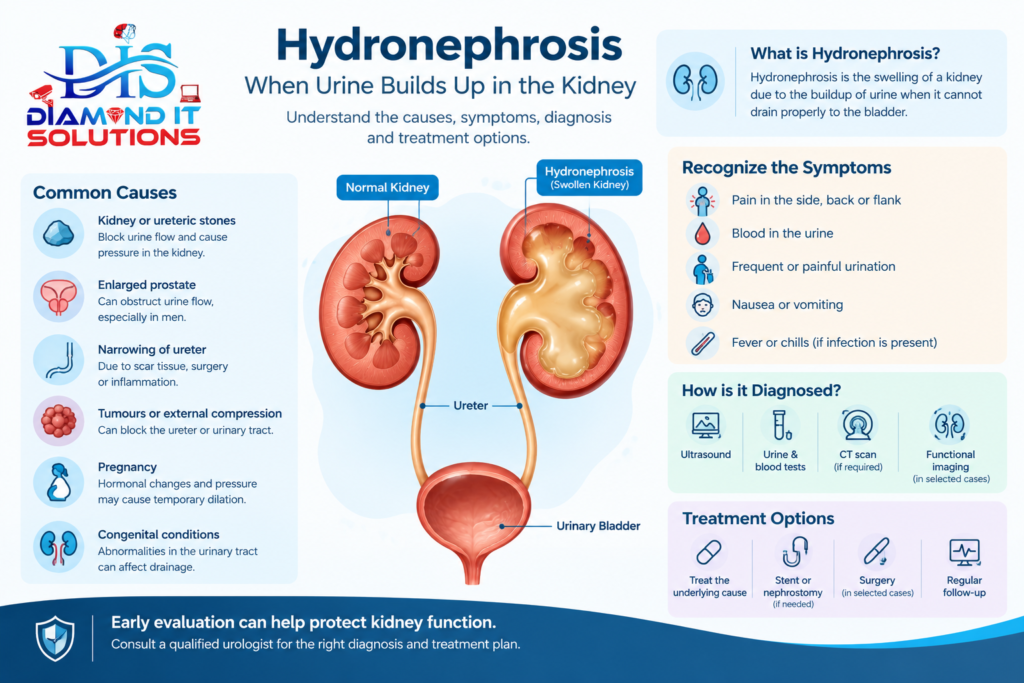 Hydronephrosis causes, symptoms, diagnosis and treatment illustrated with normal and swollen kidneys.