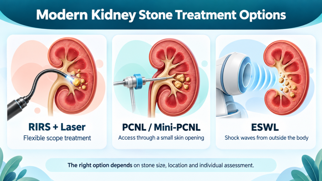 Medical infographic illustrating modern kidney stone treatment options, including RIRS with laser lithotripsy, PCNL/Mini-PCNL, and ESWL shock wave therapy, with detailed kidney illustrations showing different stone removal techniques.