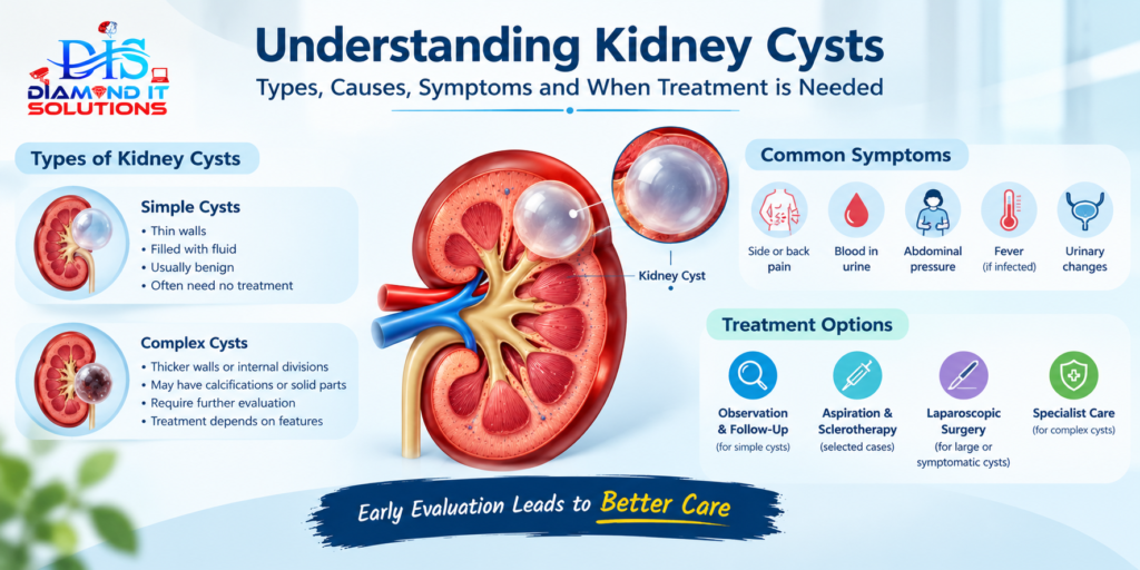 Medical illustration of kidney cysts showing simple and complex cysts, symptoms, diagnosis, and treatment options.