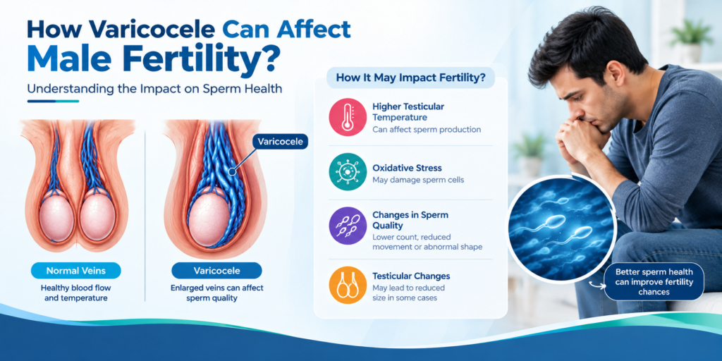 Medical illustration showing how varicocele may affect male fertility, comparing normal veins with enlarged scrotal veins and highlighting potential effects on testicular temperature, oxidative stress, sperm quality, and testicular size.